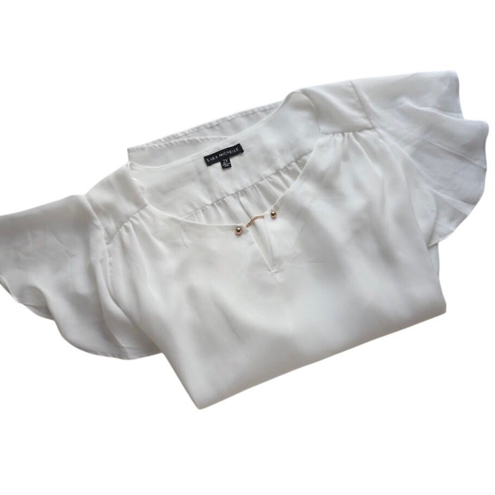 Sara Michelle Blouse Womens 2X White Flutter Sleeve Summer Office Top Elegant - Picture 2 of 7